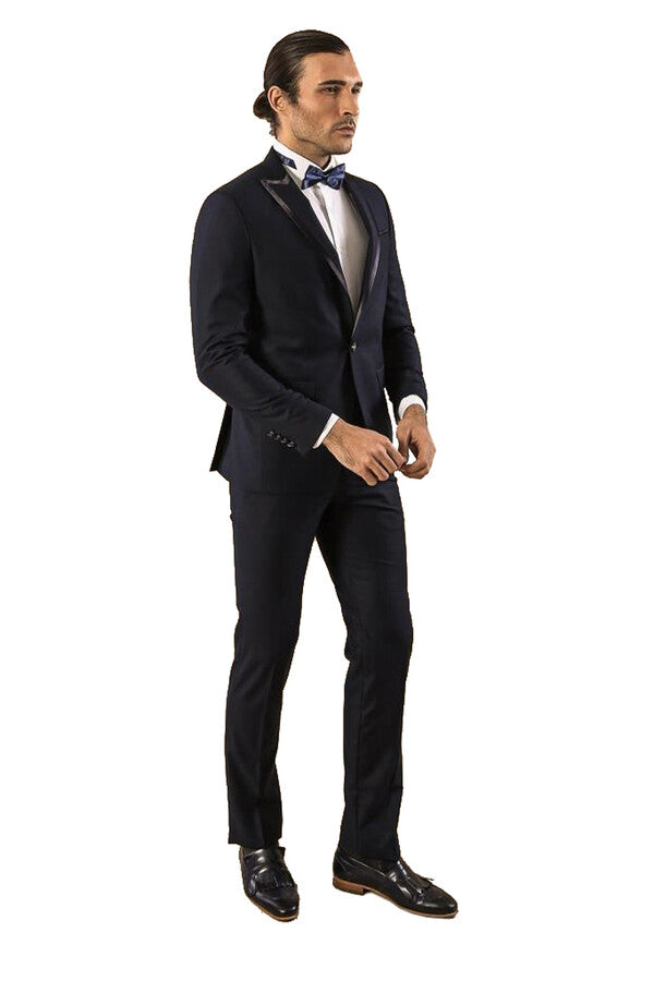 Çıkarılabilir Yaka Erkek Mavi Tuxedo Takım Elbise | Wessi