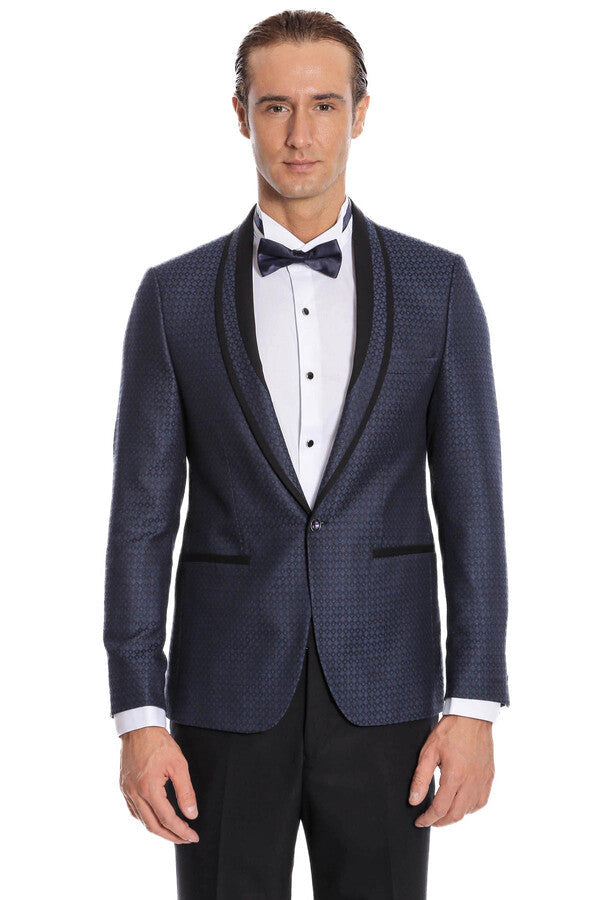 Shawl Lapel Patterned Slim Fit Navy Blue Tuxedo | Wessi