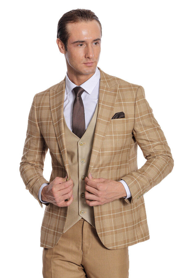 Traje de hombre beige a cuadros de corte entallado - Wessi