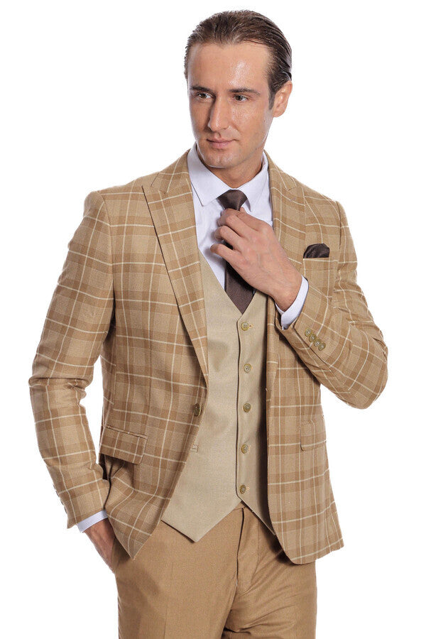 Traje de hombre beige a cuadros de corte entallado - Wessi