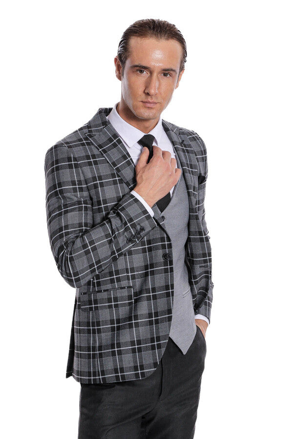 Traje de cuadros negros de corte entallado para hombre - Wessi