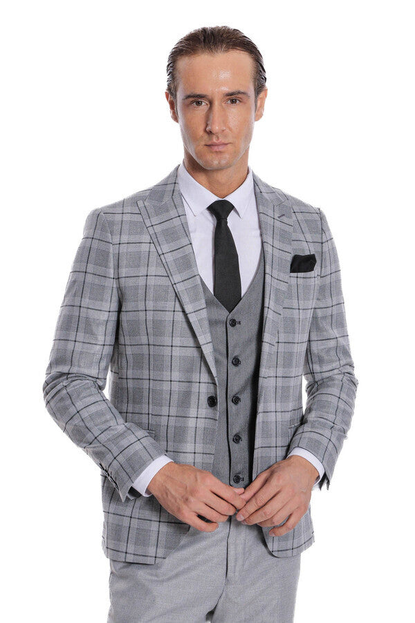 Traje de cuadros gris ajustado para hombre - Wessi