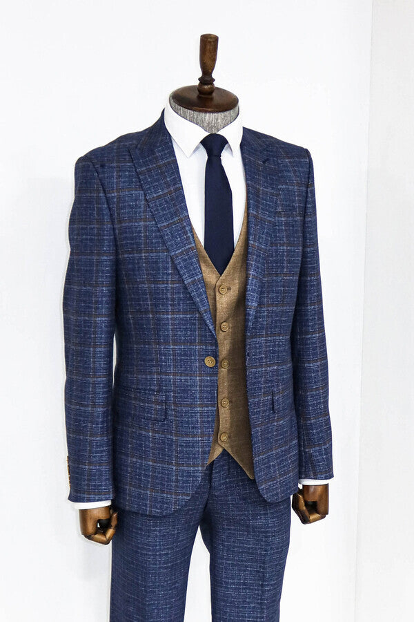 Traje azul marino de hombre con estampado de cuadros y corte entallado - Wessi