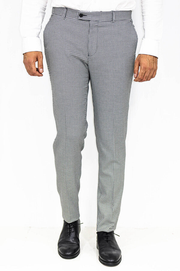 Slim Fit Houndstooth Desenli Gri Erkek Pantolon - Wessi