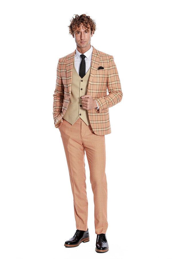 Traje de hombre en naranja con estampado de cuadros y corte entallado - Wessi