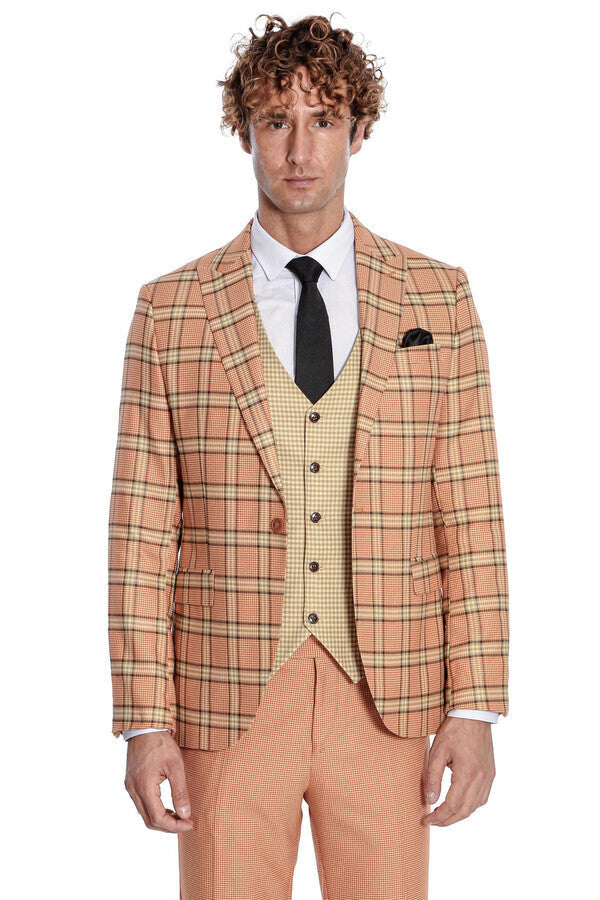 Traje de hombre en naranja con estampado de cuadros y corte entallado - Wessi