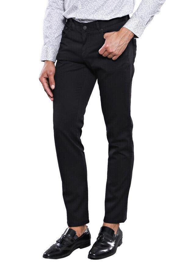 Pantalones negros lisos de corte entallado con cinco bolsillos para hombre - Wessi