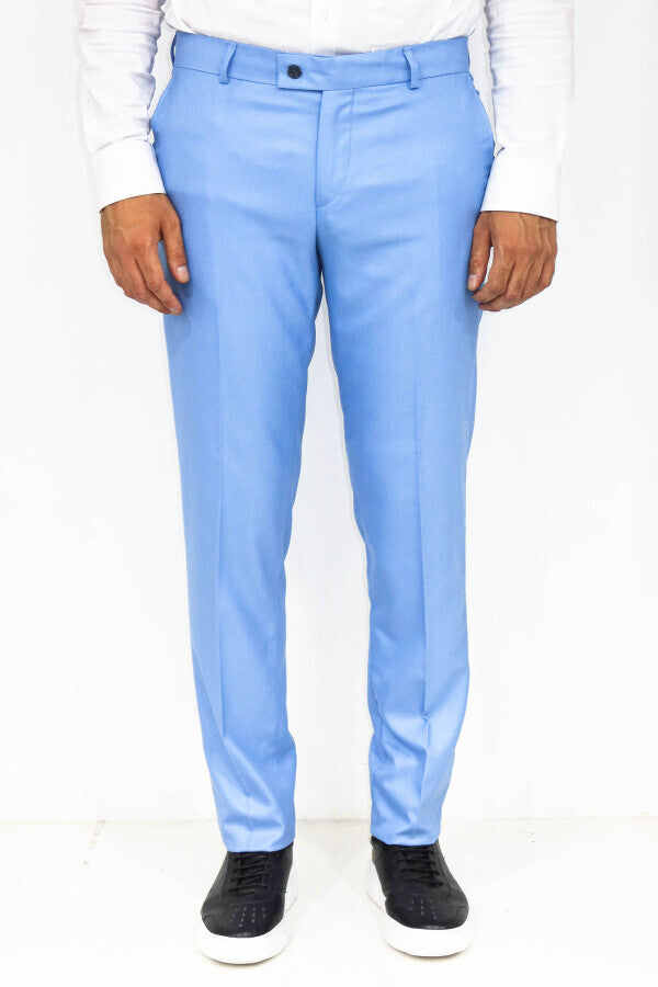 Slim Fit Textured Light Blue Men Trousers