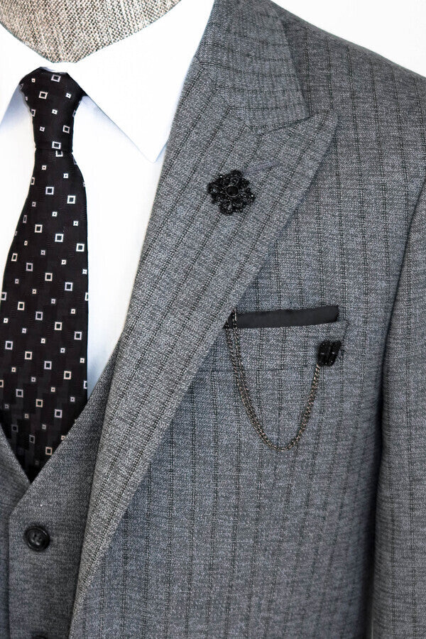 Traje de hombre gris con chaleco a rayas - Wessi
