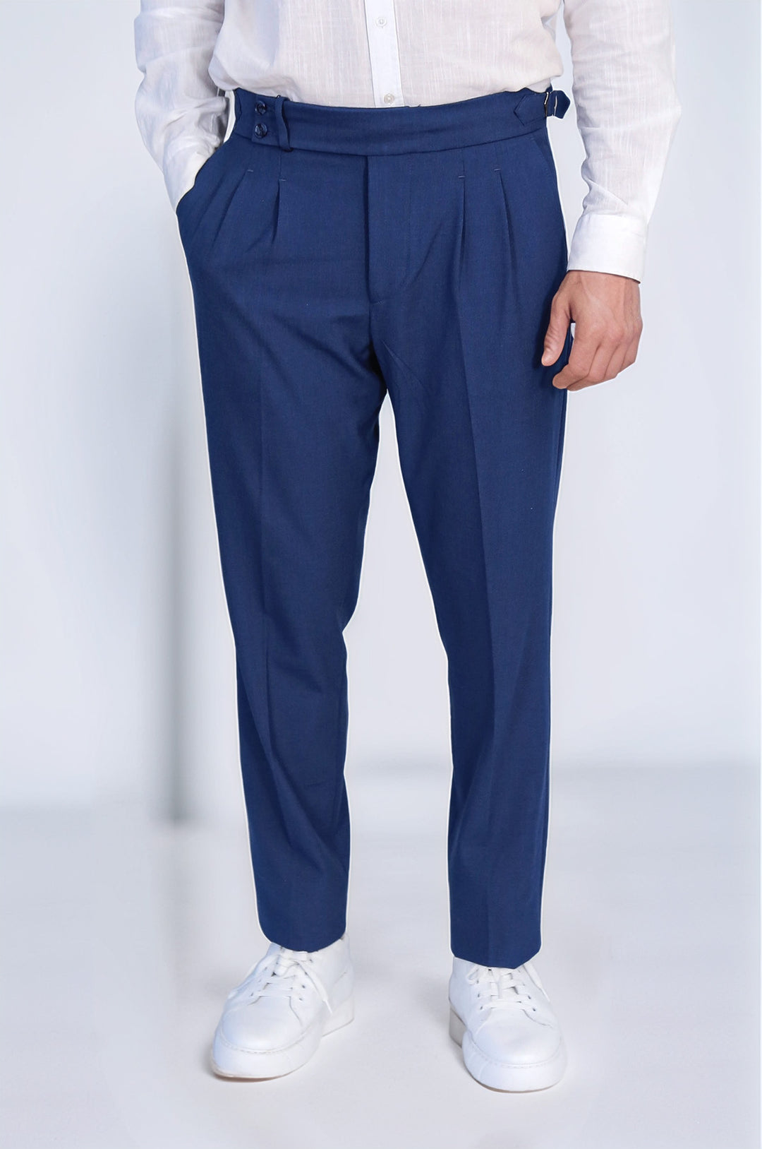 Saks Blue Double Pleated Buckled High Waist Slim Fit Trousers Wessi