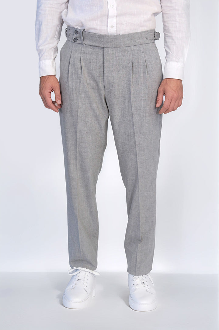 Grey Double Pleated Buckled High Waist Slim Fit Trousers Wessi