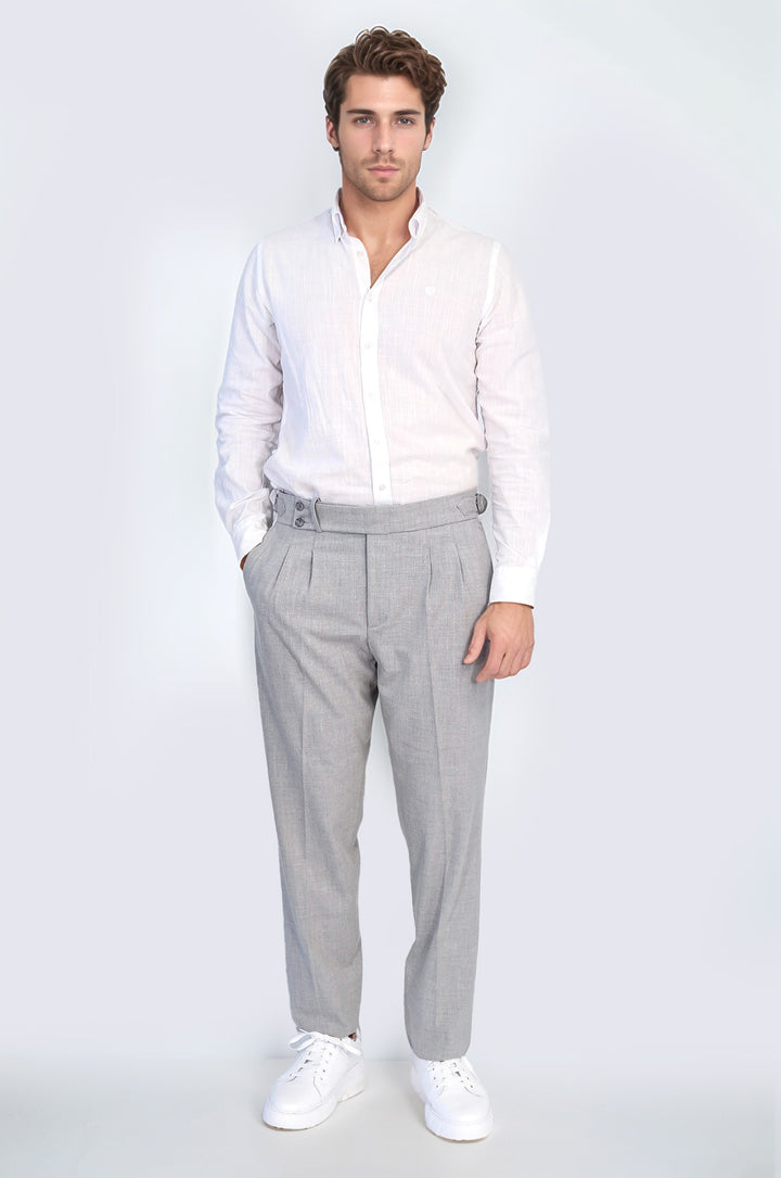 Grey Double Pleated Buckled High Waist Slim Fit Trousers Wessi