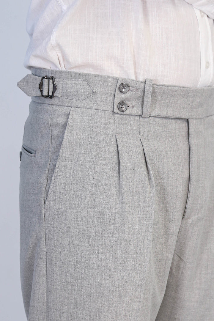 Grey Double Pleated Buckled High Waist Slim Fit Trousers Wessi