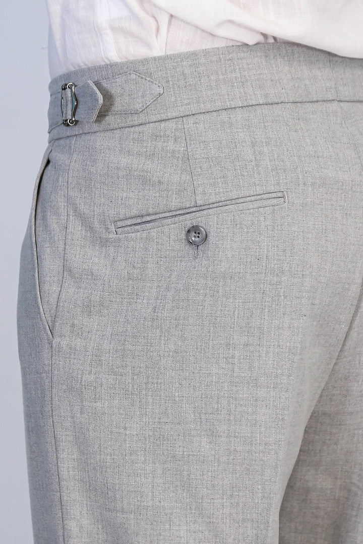 Grey Double Pleated Buckled High Waist Slim Fit Trousers Wessi