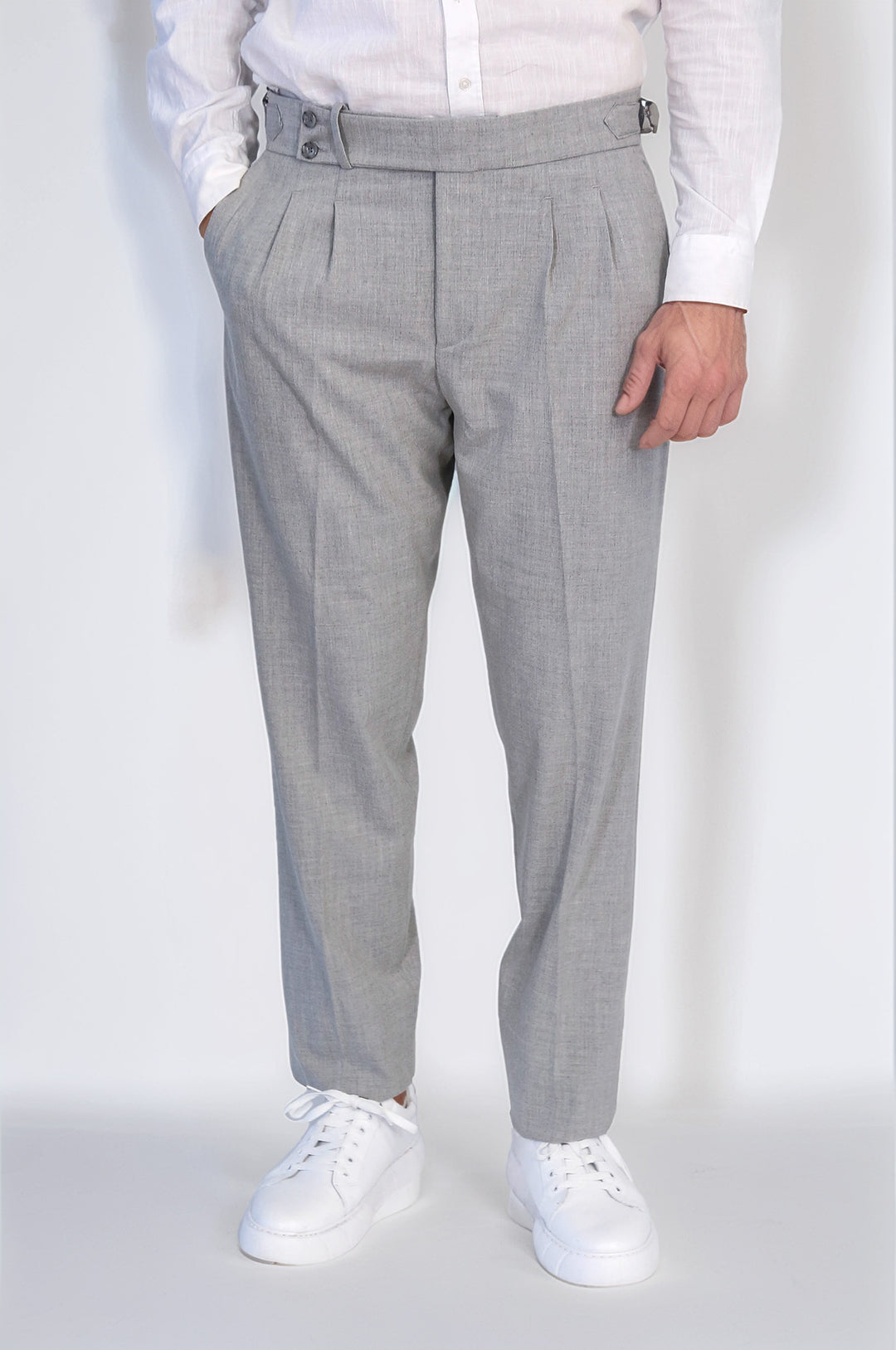 Grey Double Pleated Buckled High Waist Slim Fit Trousers Wessi