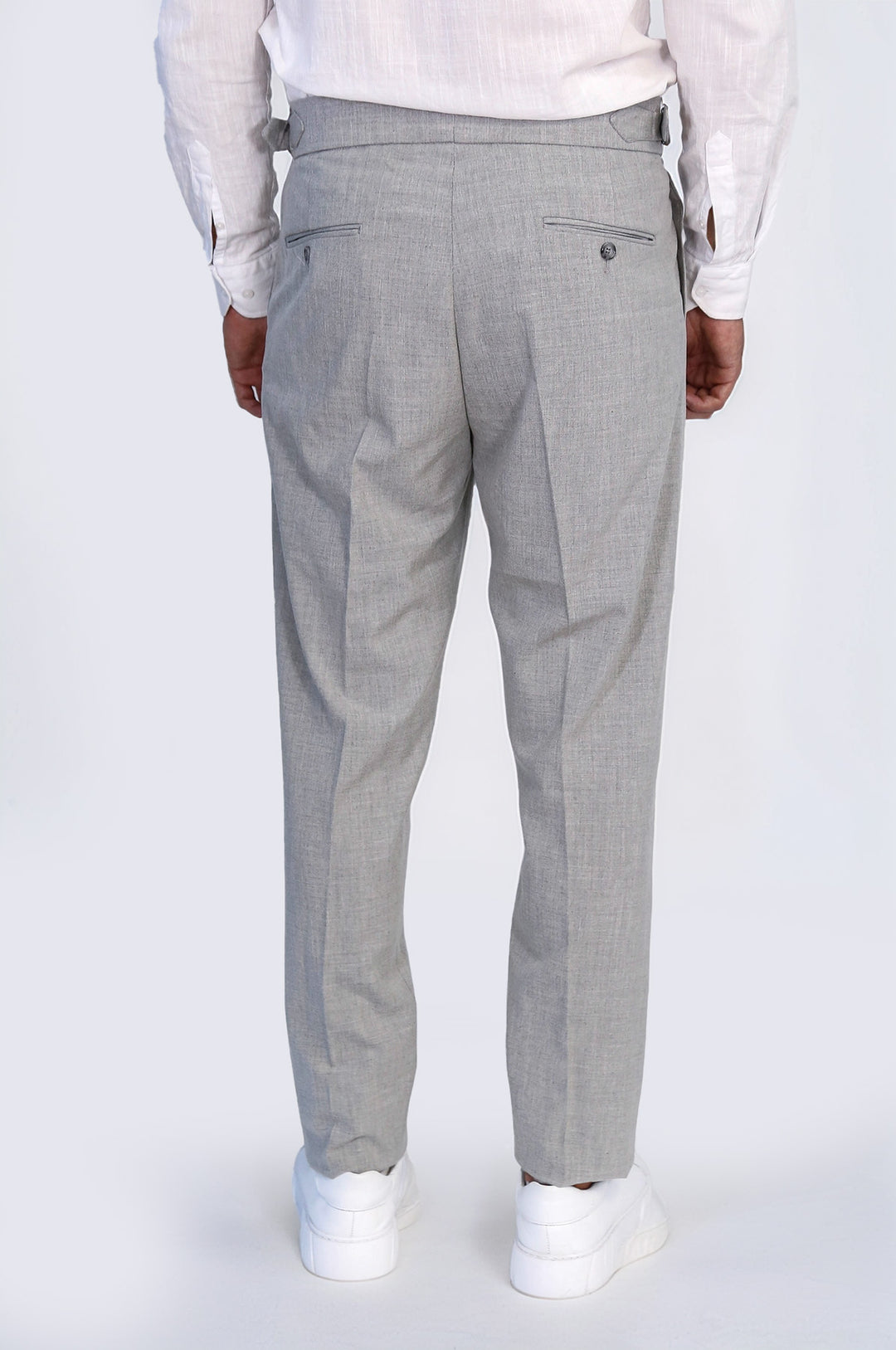 Grey Double Pleated Buckled High Waist Slim Fit Trousers Wessi