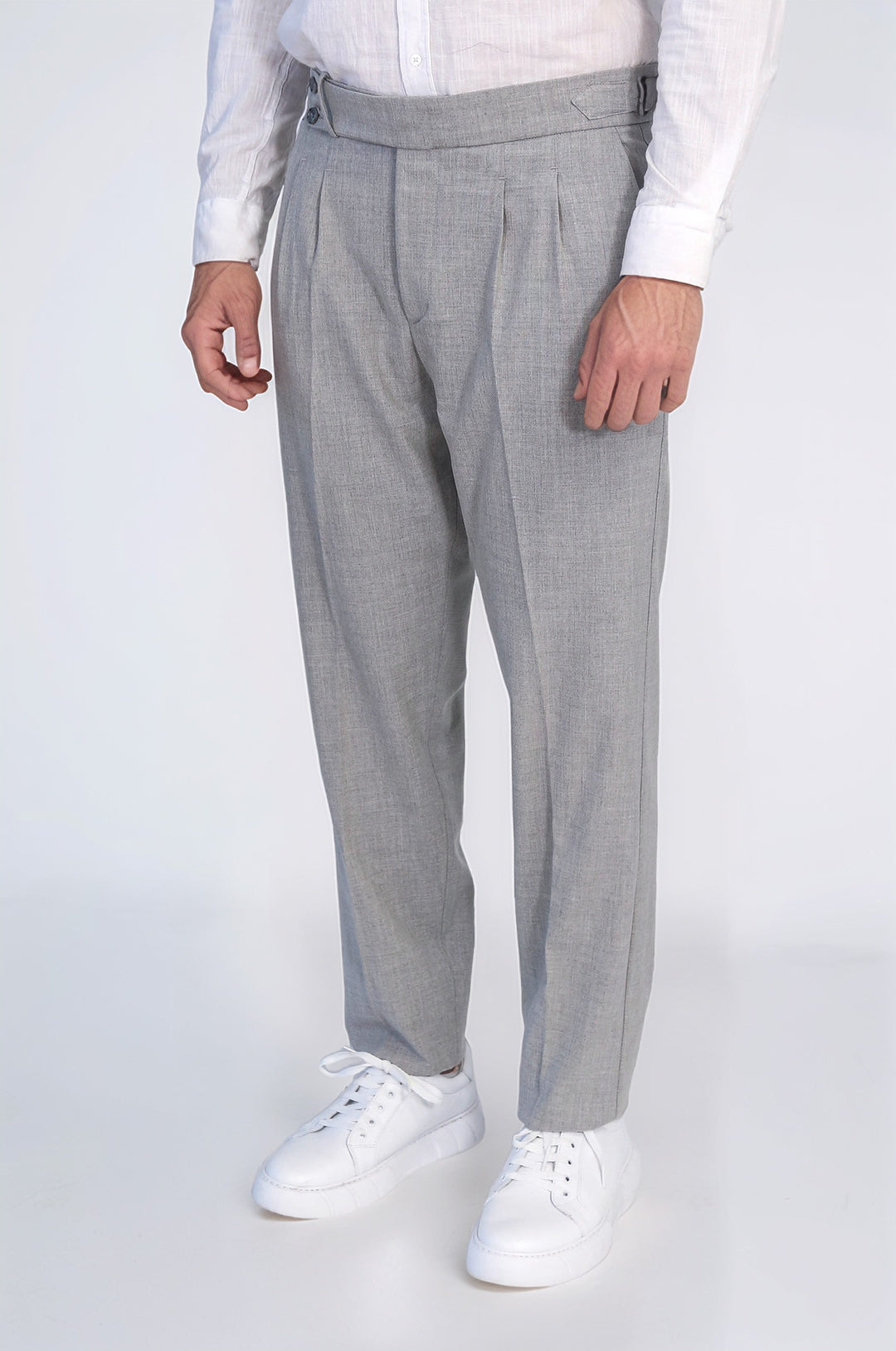 Grey Double Pleated Buckled High Waist Slim Fit Trousers Wessi