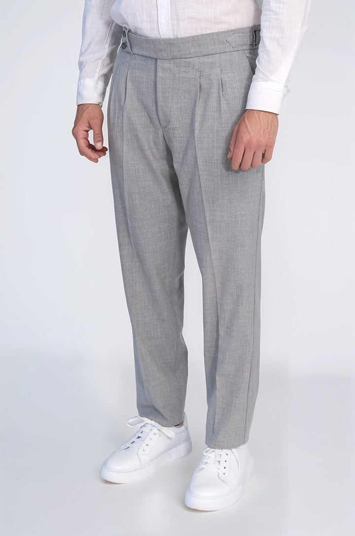 Grey Double Pleated Buckled High Waist Slim Fit Trousers Wessi