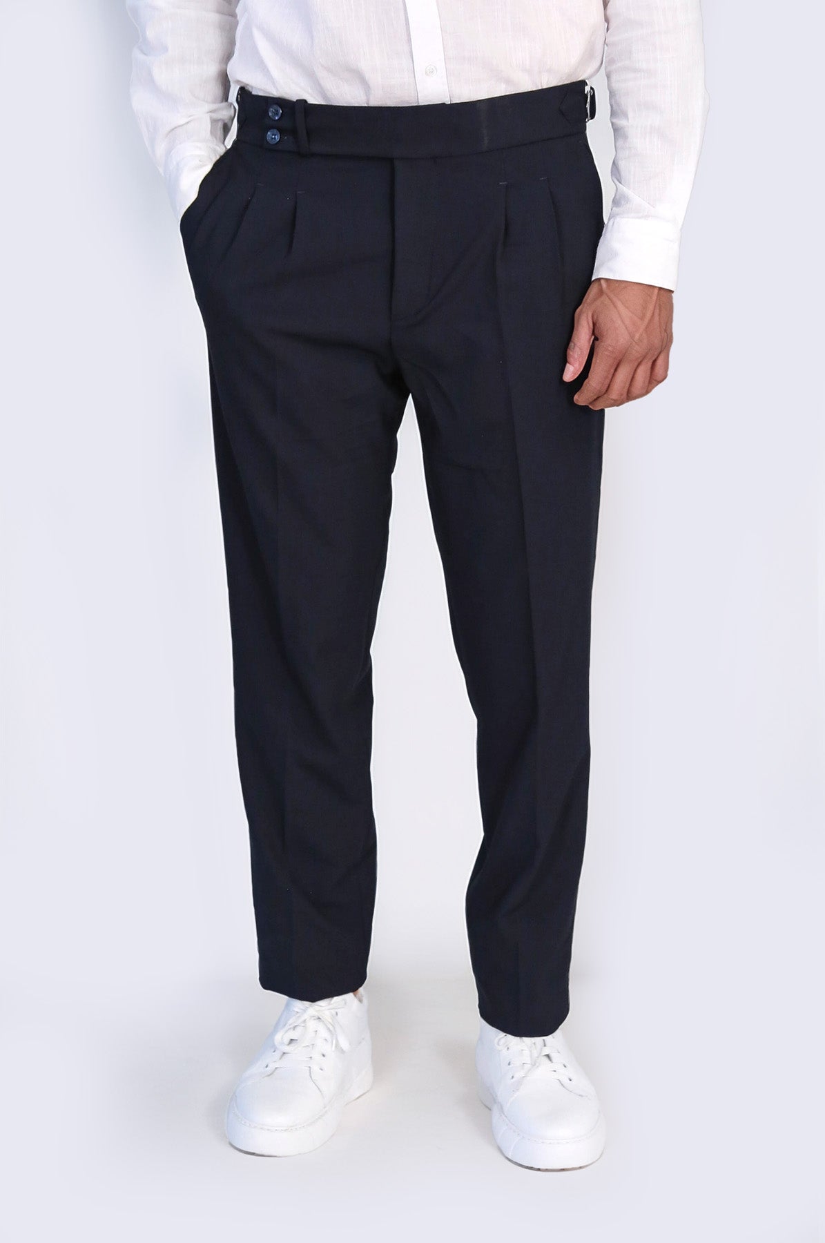 Navy Blue Double Pleated Buckled High Waist Slim Fit Trousers Wessi  Wessi  Wholesale