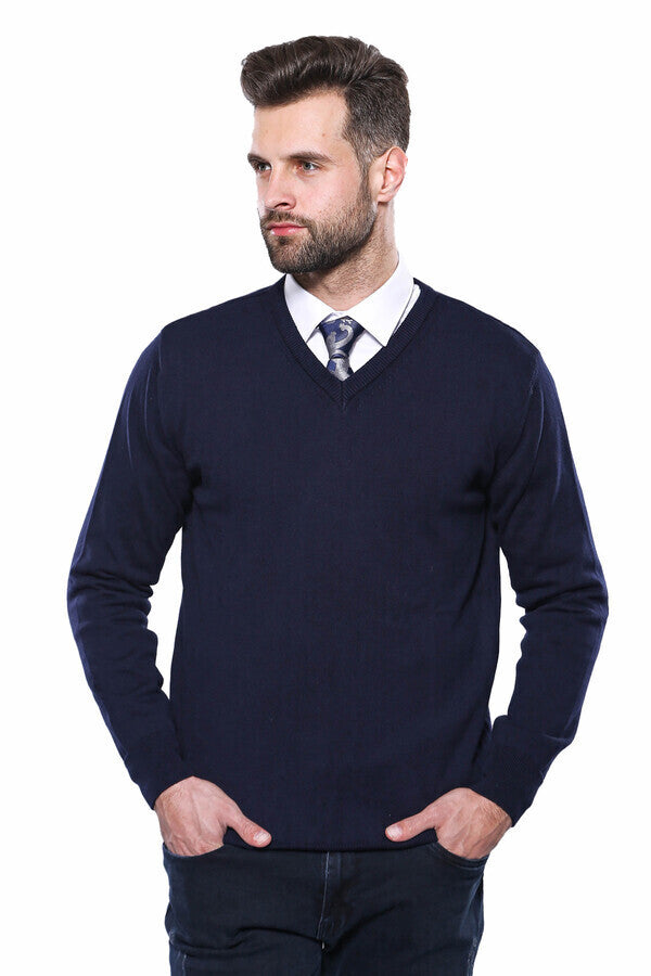 V Neck Dark Blue Knitwear | Wessi