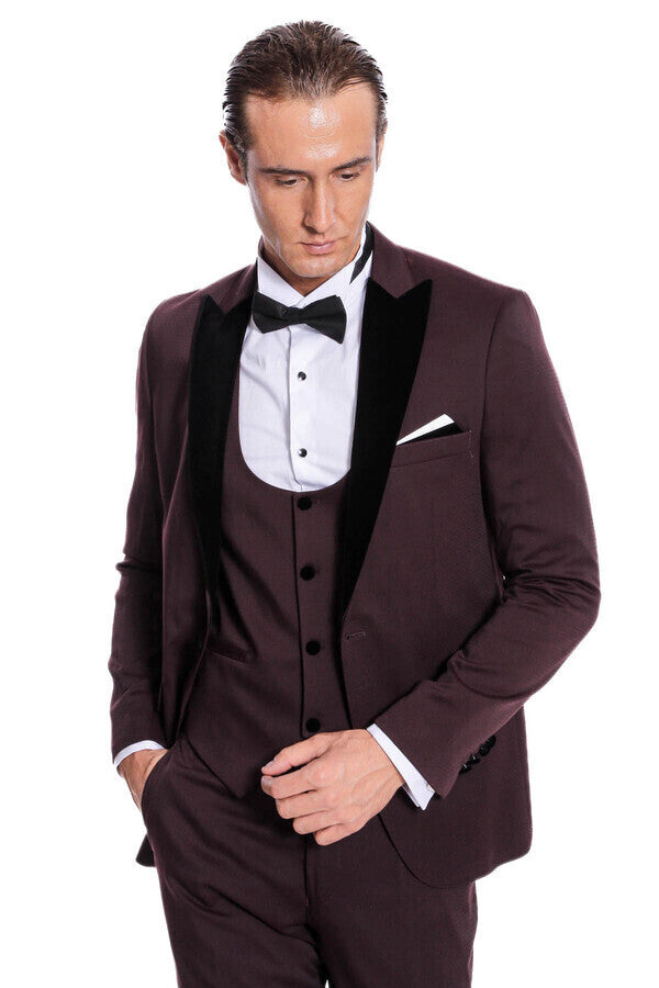 Kadife Yaka Dar Kesim Bordo Erkek Tuxedo - Wessi