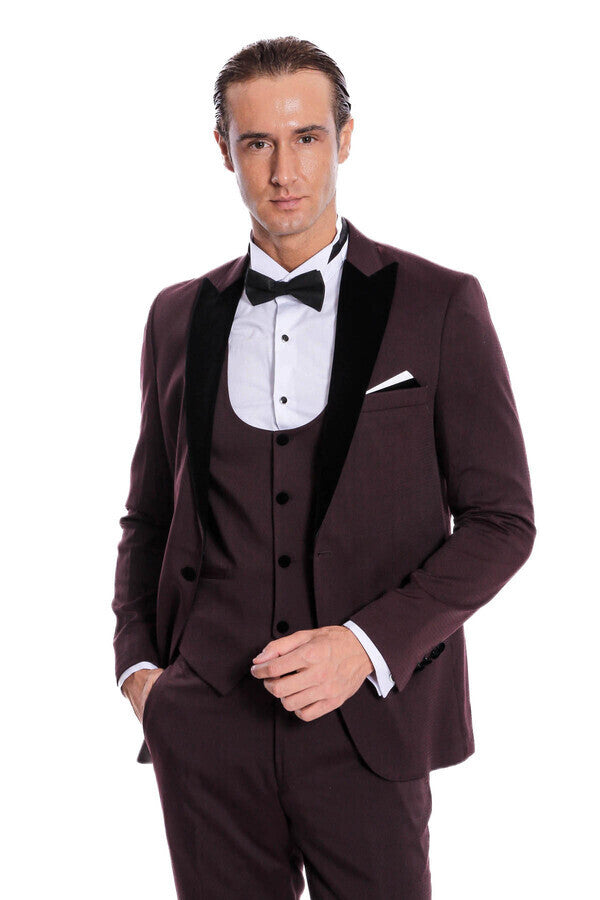 Kadife Yaka Dar Kesim Bordo Erkek Tuxedo - Wessi