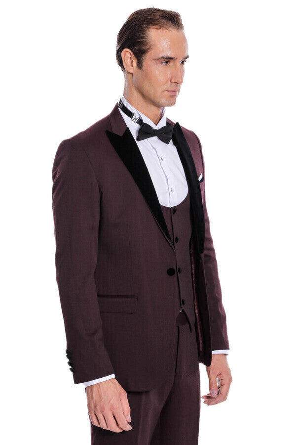 Kadife Yaka Dar Kesim Bordo Erkek Tuxedo - Wessi