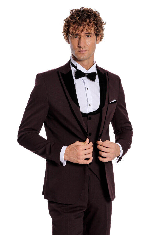 Velvet Lapel Vested Patterned Burgundy Men Tuxedo - Wessi