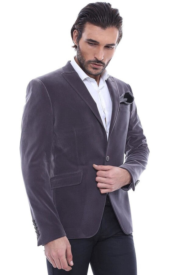 Blazer de terciopelo gris ajustado para hombre - Wessi