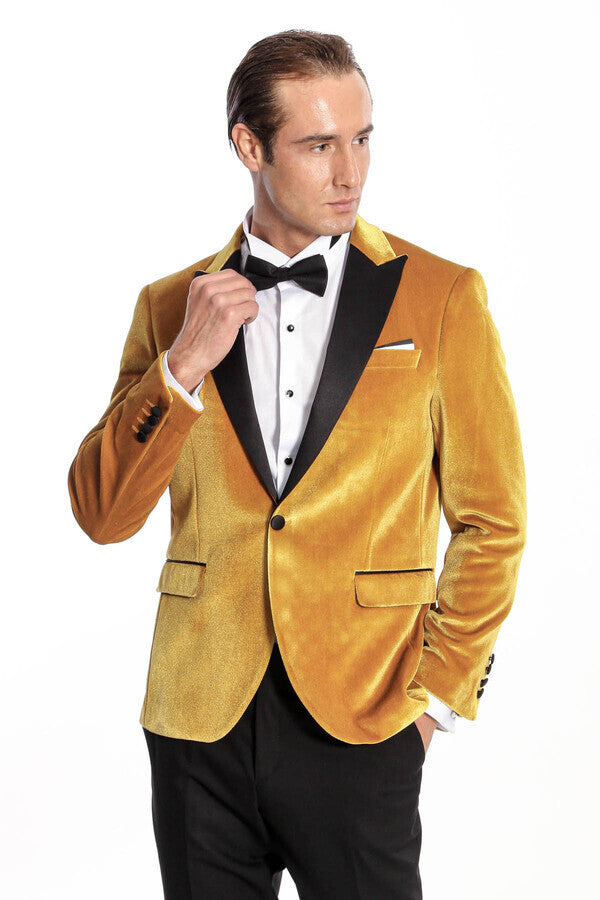 Blazer de terciopelo ajustado para hombre en color amarillo para fiesta de graduación - Wessi