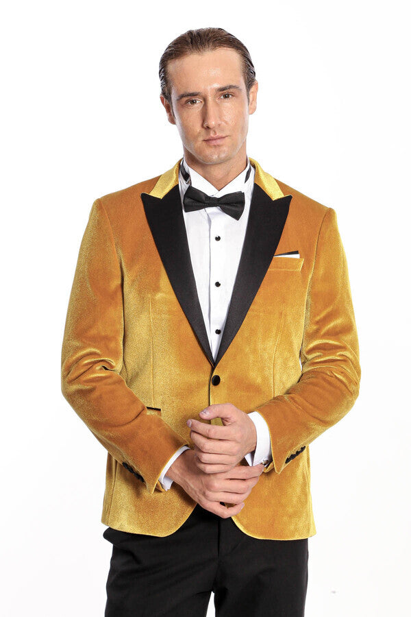 Blazer de terciopelo ajustado para hombre en color amarillo para fiesta de graduación - Wessi