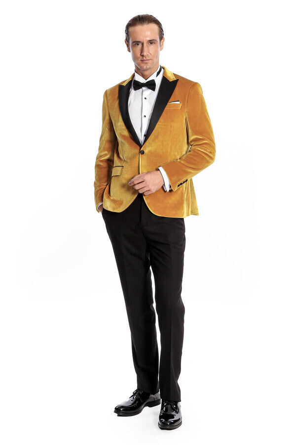 Blazer de terciopelo ajustado para hombre en color amarillo para fiesta de graduación - Wessi