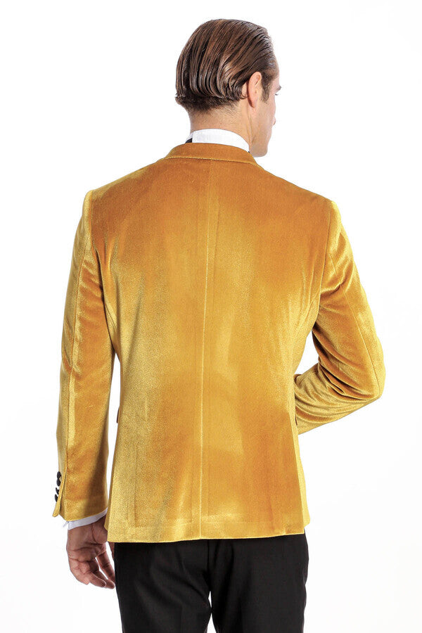 Blazer de terciopelo ajustado para hombre en color amarillo para fiesta de graduación - Wessi