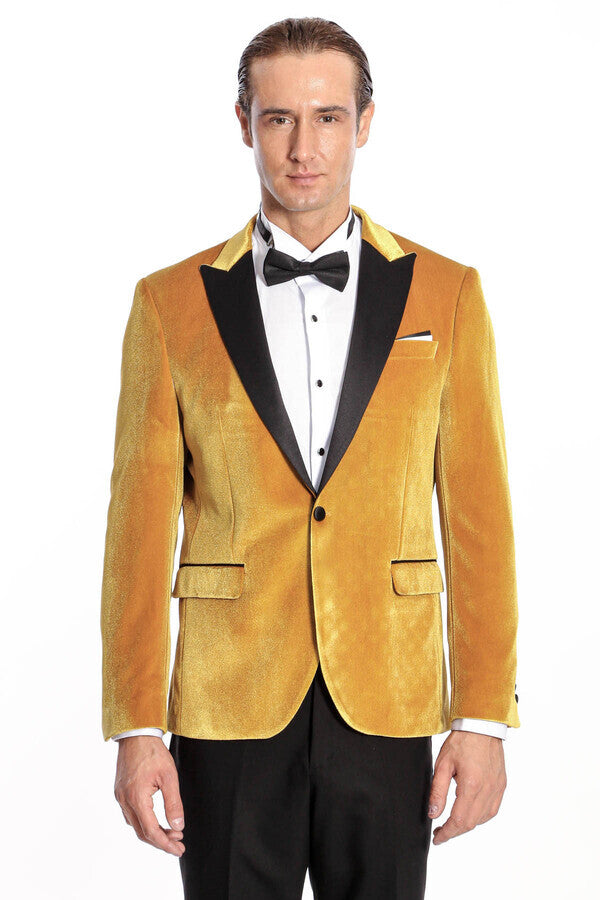 Blazer de terciopelo ajustado para hombre en color amarillo para fiesta de graduación - Wessi