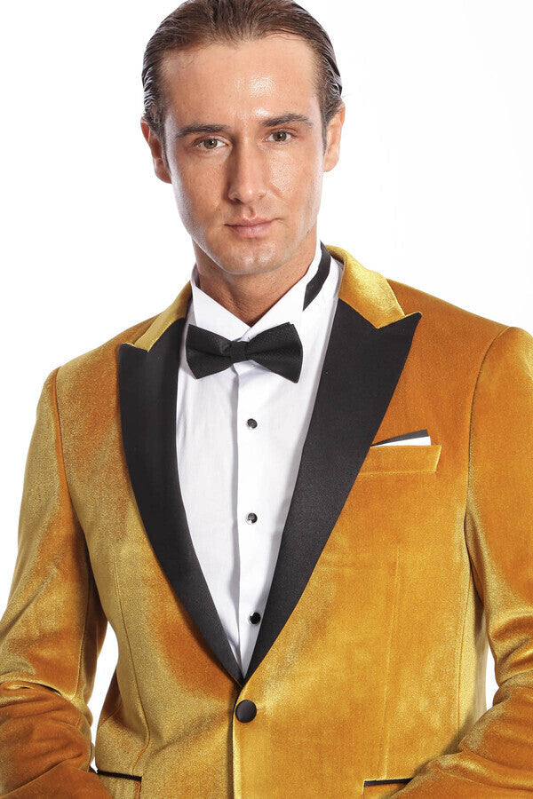 Blazer de terciopelo ajustado para hombre en color amarillo para fiesta de graduación - Wessi