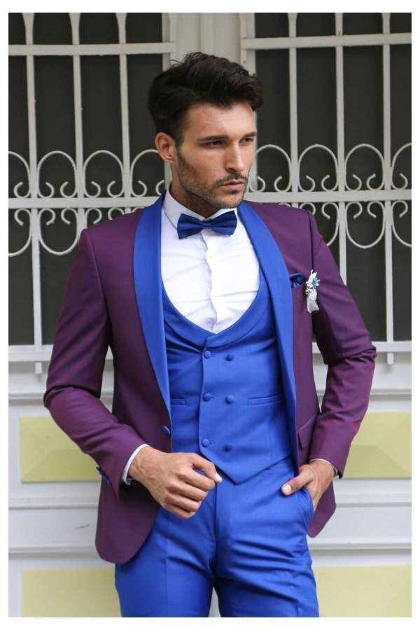 Vested Combined Burgundy-Blue Tuxedo - Wessi