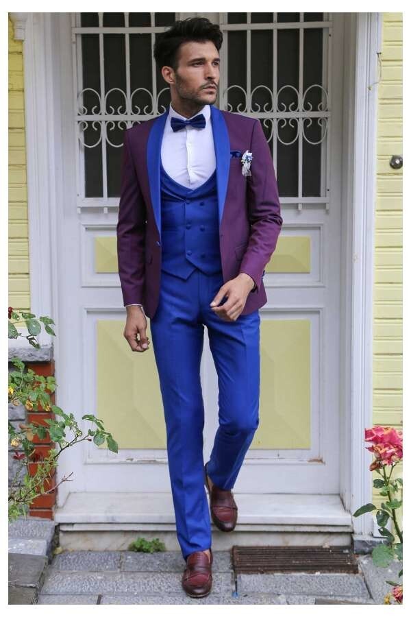 Vested Combined Burgundy-Blue Tuxedo - Wessi