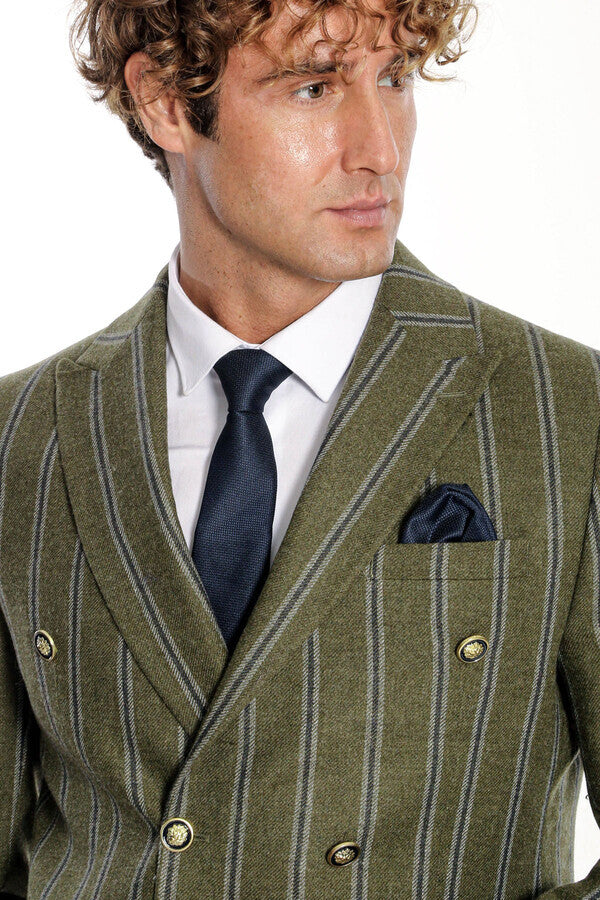 Blazer cruzado a rayas con solapa ancha para hombre, color verde - Wessi