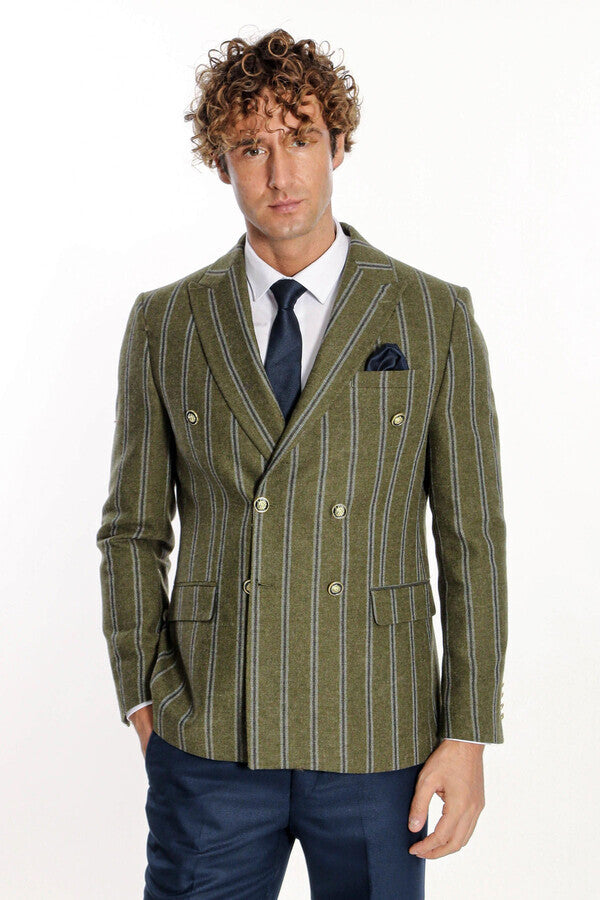 Blazer cruzado a rayas con solapa ancha para hombre, color verde - Wessi