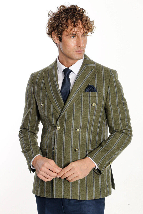 Blazer cruzado a rayas con solapa ancha para hombre, color verde - Wessi