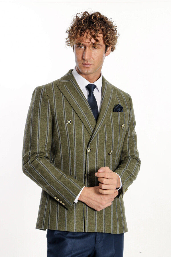 Blazer cruzado a rayas con solapa ancha para hombre, color verde - Wessi