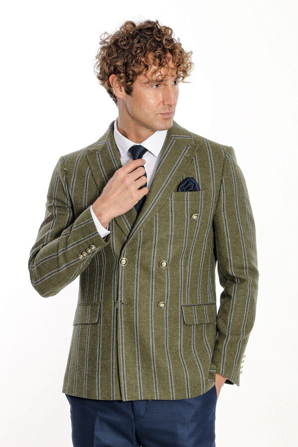Blazer cruzado a rayas con solapa ancha para hombre, color verde - Wessi