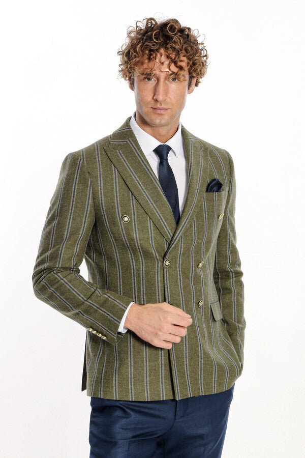 Blazer cruzado a rayas con solapa ancha para hombre, color verde - Wessi