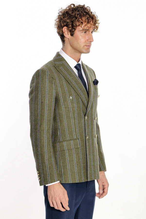 Blazer cruzado a rayas con solapa ancha para hombre, color verde - Wessi