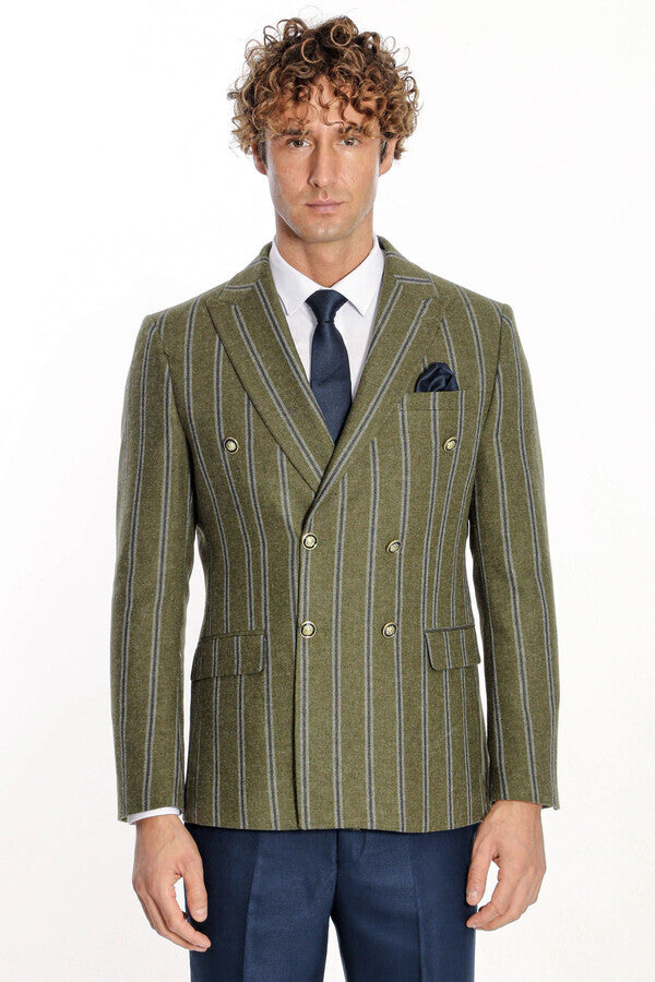 Blazer cruzado a rayas con solapa ancha para hombre, color verde - Wessi