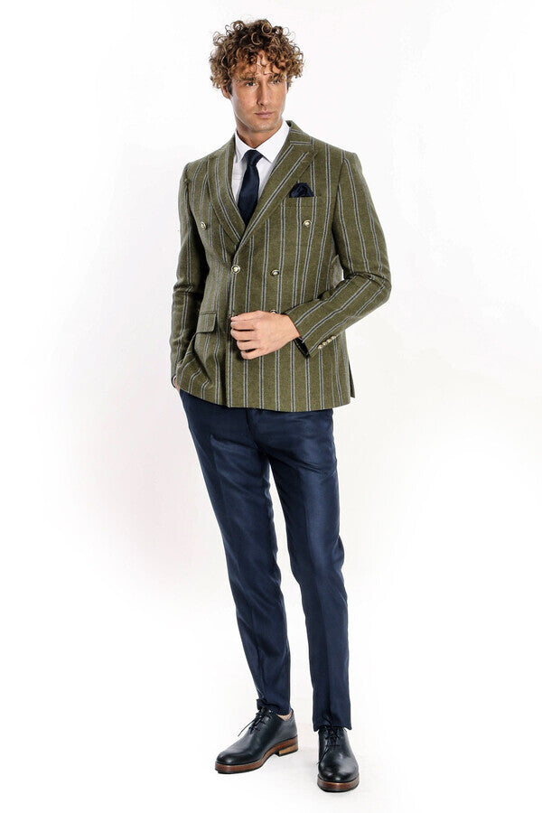 Blazer cruzado a rayas con solapa ancha para hombre, color verde - Wessi