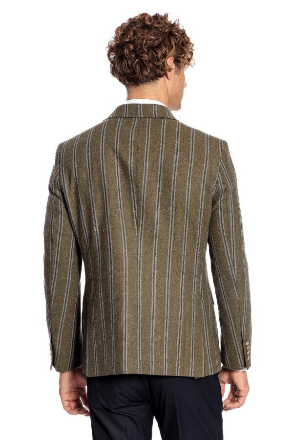 Blazer cruzado a rayas con solapa ancha para hombre, color verde - Wessi