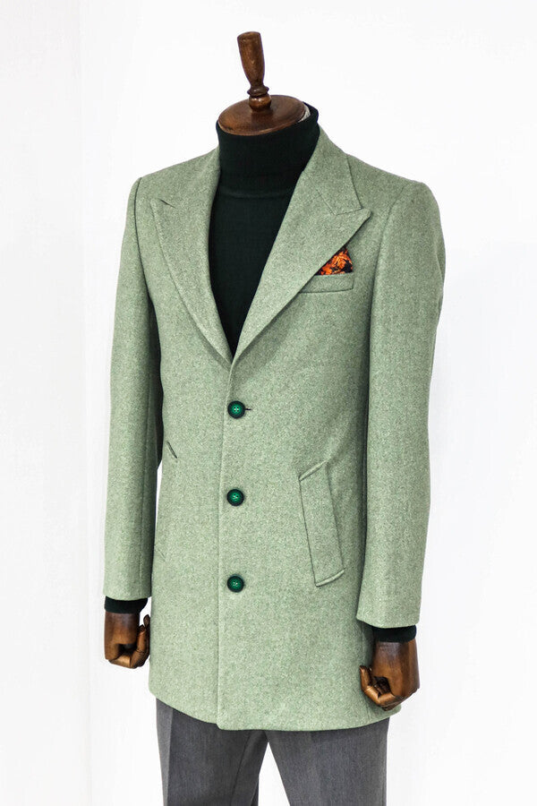 Wide Lapel Wool Oil Green Men Coat - Wessi