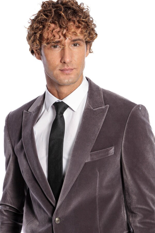 Blazer de terciopelo gris con un solo botón y solapa ancha para hombre - Wessi