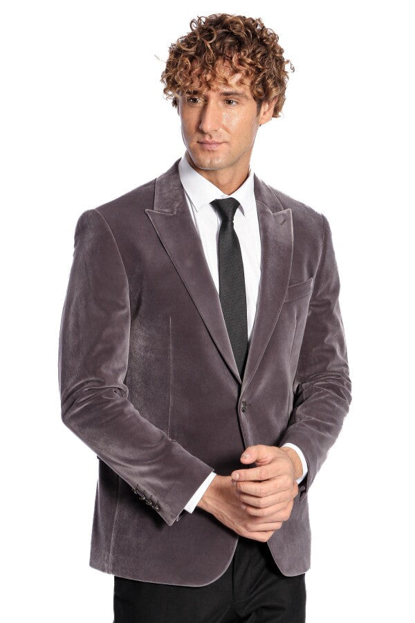 Blazer de terciopelo gris con un solo botón y solapa ancha para hombre - Wessi